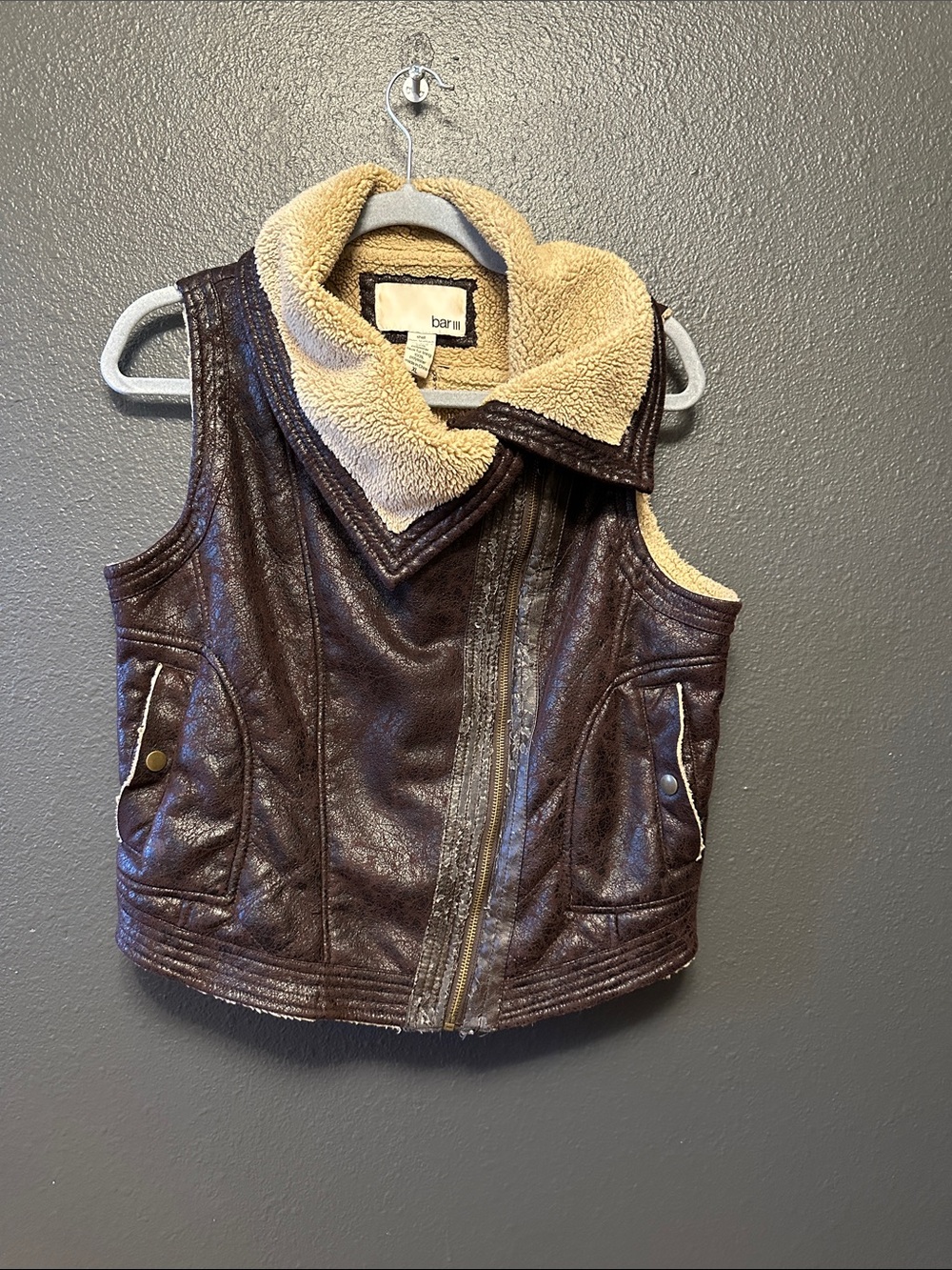 Bar III Dark Brown Faux Leather Vest with Cream Sherpa Collar